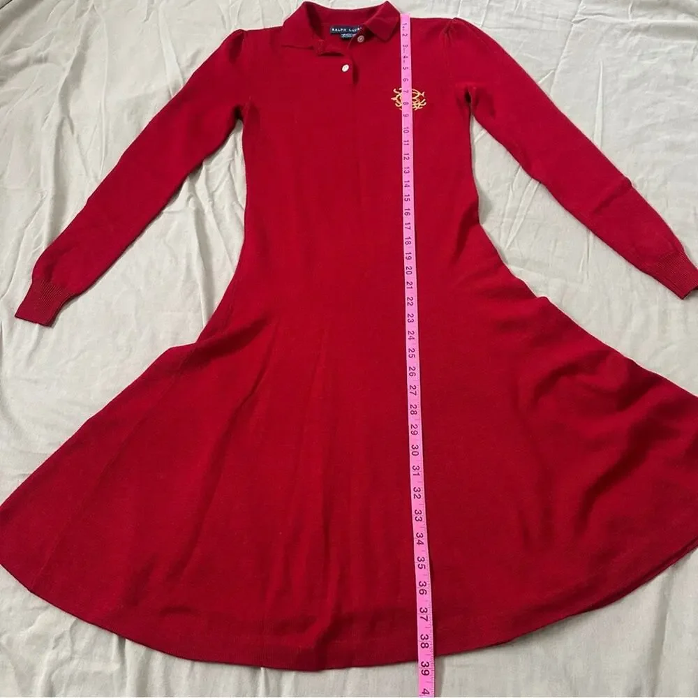 Vintage Ralph Lauren Red Merino Wool Long Sleeve Dress with Gold Logo - Picture 7 of 12